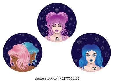 Abstract fantasy Air zodiac astrological signs with girls, avatar design.