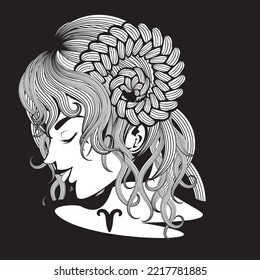 Abstract fantasy Aries zodiac sign girl design illustration.