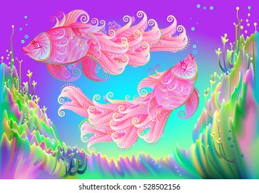 Abstract fantasy background in fairyland underwater environment with couple of two pink fishes, vector image.