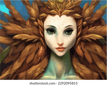 Abstract fantasy beautiful dryad woman portrait painting, vector EPS 10 illustration 
