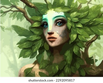 Fantasía abstracta hermosa pintura de retrato mujer dryad, vector EPS 10 ilustración 