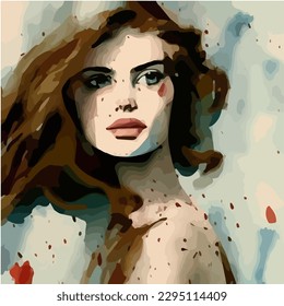 Abstract fantasy beautiful woman portrait painting in watercolor style, vector EPS 10 illustration 