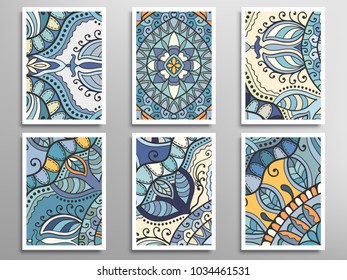 Abstract fantasy doodle floral patterns set for card, invitation, cover, banner. Hand drawn asymmetric texture, decorative ornament. Patchwork quilt vintage elements. Colorful artistic background