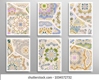 Abstract fantasy doodle floral patterns set for card, invitation, cover, banner. Hand drawn asymmetric texture, decorative ornament. Patchwork quilt vintage elements. Colorful artistic background