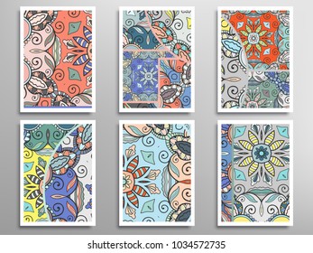 Abstract fantasy doodle floral patterns set for card, invitation, cover, banner. Hand drawn asymmetric texture, decorative ornament. Patchwork quilt vintage elements. Colorful artistic background