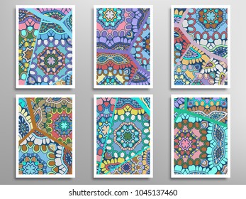 Abstract fantasy doodle floral patterns set for card, invitation, cover, banner. Hand drawn asymmetric texture, decorative ornament. Patchwork quilt vintage elements. Colorful artistic background