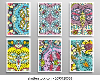 Abstract fantasy doodle floral patterns set for card, invitation, cover, banner. Hand drawn asymmetric texture, decorative ornament. Patchwork quilt vintage elements. Colorful artistic background