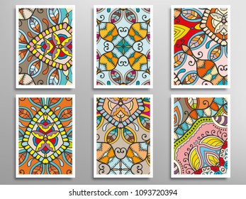 Abstract fantasy doodle floral patterns set for card, invitation, cover, banner. Hand drawn asymmetric texture, decorative ornament. Patchwork quilt vintage elements. Colorful artistic background