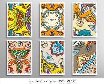 Abstract fantasy doodle floral patterns set for card, invitation, cover, banner. Hand drawn asymmetric texture, decorative ornament. Patchwork quilt vintage elements. Colorful artistic background