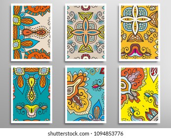 Abstract fantasy doodle floral patterns set for card, invitation, cover, banner. Hand drawn asymmetric texture, decorative ornament. Patchwork quilt vintage elements. Colorful artistic background