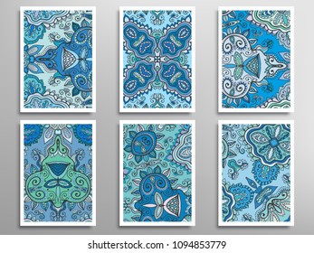 Abstract fantasy doodle floral patterns set for card, invitation, cover, banner. Hand drawn asymmetric texture, decorative ornament. Patchwork quilt vintage elements. Colorful artistic background