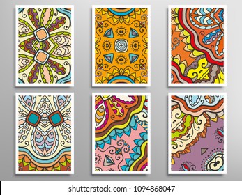 Abstract fantasy doodle floral patterns set for card, invitation, cover, banner. Hand drawn asymmetric texture, decorative ornament. Patchwork quilt vintage elements. Colorful artistic background