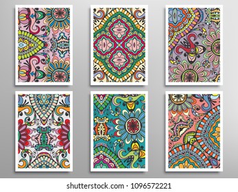 Abstract fantasy doodle floral patterns set for card, invitation, cover, banner. Hand drawn asymmetric texture, decorative ornament. Patchwork quilt vintage elements. Colorful artistic background