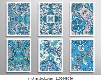 Abstract fantasy doodle floral patterns set for card, invitation, cover, banner. Hand drawn asymmetric texture, decorative ornament. Patchwork quilt vintage elements. Colorful artistic background