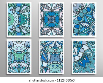 Abstract fantasy doodle floral patterns set for card, invitation, cover, banner. Hand drawn asymmetric texture, decorative ornament. Patchwork quilt vintage elements. Colorful artistic background