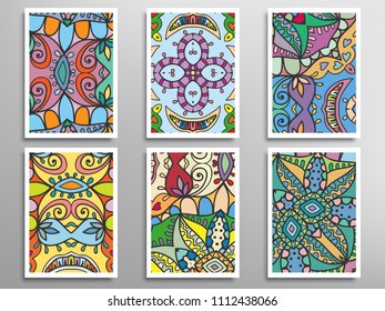 Abstract fantasy doodle floral patterns set for card, invitation, cover, banner. Hand drawn asymmetric texture, decorative ornament. Patchwork quilt vintage elements. Colorful artistic background