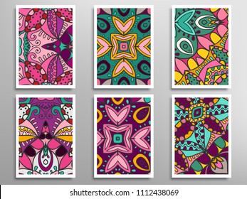 Abstract fantasy doodle floral patterns set for card, invitation, cover, banner. Hand drawn asymmetric texture, decorative ornament. Patchwork quilt vintage elements. Colorful artistic background