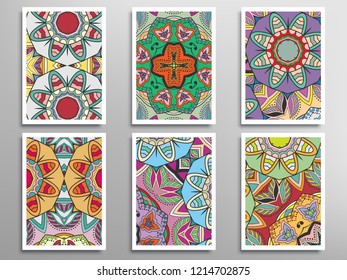 Abstract fantasy doodle floral patterns set for card, invitation, cover, banner. Hand drawn asymmetric texture, decorative ornament. Patchwork quilt vintage elements. Colorful artistic background