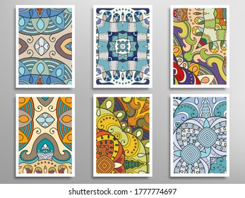 Abstract fantasy doodle floral patterns set for card, invitation, cover, banner. Hand drawn asymmetric texture, decorative ornament. Patchwork quilt vintage elements. Colorful artistic background