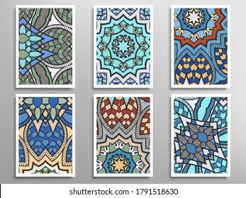 Abstract fantasy doodle floral patterns set for card, invitation, cover, banner. Hand drawn asymmetric texture, decorative ornament. Patchwork quilt vintage elements. Colorful artistic background