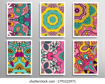 Abstract fantasy doodle floral patterns set for card, invitation, cover, banner. Hand drawn asymmetric texture, decorative ornament. Patchwork quilt vintage elements. Colorful artistic background