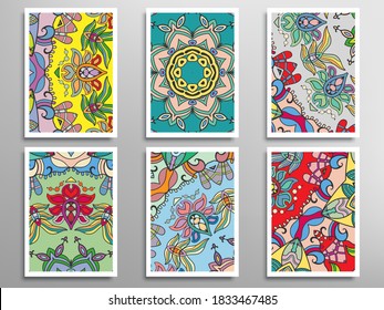 Abstract fantasy doodle floral patterns set for card, invitation, cover, banner. Hand drawn asymmetric texture, decorative ornament. Patchwork quilt vintage elements. Colorful artistic background