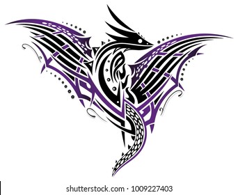 Abstract fantasy dragon with large wings. Black and purple.