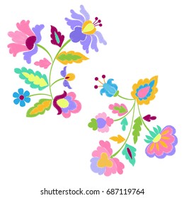 Abstract fantasy embroidery pattern set. Needlework textile prints isolated on white background.