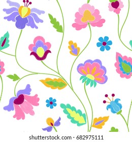 Abstract fantasy embroidery seamless pattern. Needlework textile wallpaper isolated on white background