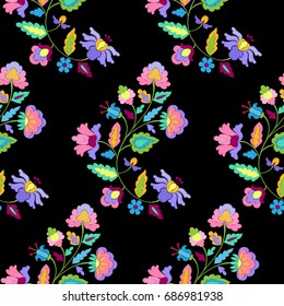 Abstract fantasy embroidery seamless pattern. Needlework textile wallpaper isolated on black background