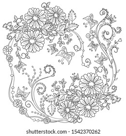 abstract fantasy floral composition with butterflies. Coloring book page for adult. Vector anti-stress pattern
