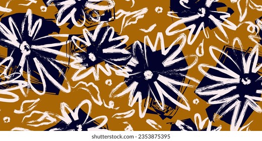 Fantasía abstracta de patrón floral, golpes descuidados de pintura y manchas de color. Patrón transparente del vector