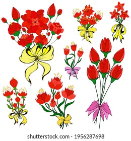 Abstract fantasy flowers bouquet collection isolated on white. Different floral arrangements set. Stylized bunch of flowers clip art for greeting card, invitation, flyer, advertisement, sticker, print