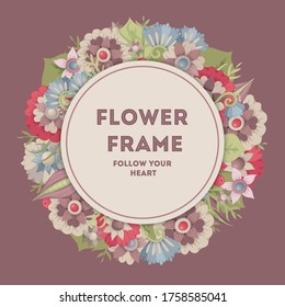 Abstract fantasy flowers. Eggplant color, gray, pink, red and blue. Templates can be used as floral frames for invitations, cards, stickers, discount cards, sales, for printing on paper and fabric.