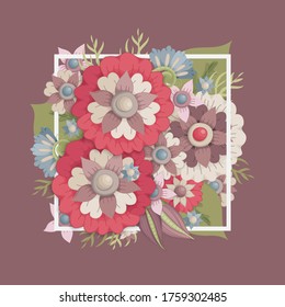 Abstract fantasy flowers. Eggplant color, gray, pink, red and blue. Templates can be used as floral frames for invitations, cards, stickers, discount cards, sales, for printing on paper and fabric.