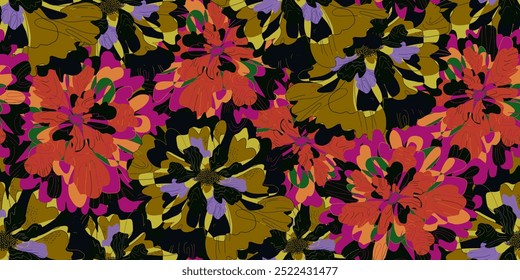 Abstract fantasy flowers floral variegated ornament tropical summer motifs seamless overlapping pattern rapport