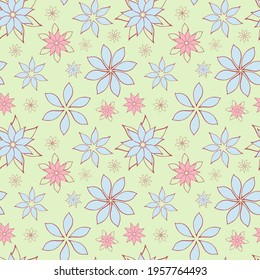 Abstract fantasy flowers seamless pattern background. Stylized geometric floral motifs endless texture. Simplified editable repeating surface design. Flat boundless ornament for wrapping paper