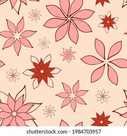 Abstract fantasy flowers seamless pattern background. Stylized geometric floral motifs endless texture. Simplified editable repeating surface design. Flat boundless ornament for fabric or package