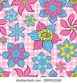 Resumen de fantasía flor patrón sin fisuras en el fondo rosado de gigngham. Estilizado doodle con motivos florales textura interminable. Diseño de superficie repetible editable Ditsy. Corto ornamento botánico sin límites planos.