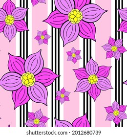 Abstract fantasy flowers seamless pattern on contrast stripes background. Stylized doodle floral motifs endless texture. Ditsy editable repeating surface design. Flat boundless botanic ornament