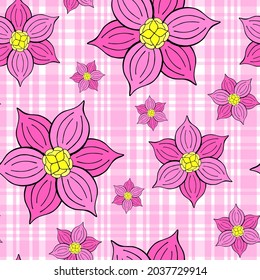 Resumen de fantasía flor sin fisuras en el fondo de gingham. Estilizado doodle con motivos florales textura interminable. Diseño de superficie repetible editable Ditsy. Ornamento botánico sin límites