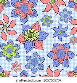 Resumen de fantasía flor sin fisuras patrón sobre fondo azul gigngham. Estilizado doodle con motivos florales textura interminable. Diseño de superficie repetible editable Ditsy. Corto ornamento botánico sin límites planos.
