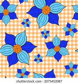 Abstract fantasy flowers seamless pattern on gingham background. Stylized doodle floral motifs endless texture. Ditsy editable repeating surface design. Flat boundless botanic ornament