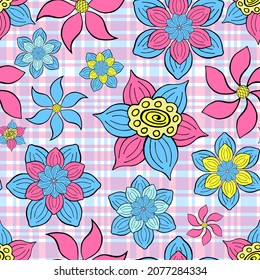 Abstrakte Fantasy Blumen nahtloses Muster auf gigngham Hintergrund. Stilvolle Blumenmotive verleihen endlose Textur. Ditsy bearbeitbares, sich wiederholendes Oberflächendesign. Kitzel flach grenzenlose botanische Ornamente.