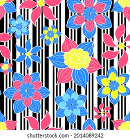 Abstract fantasy flowers and stripes seamless pattern background. Stylized doodle floral motifs endless texture. Ditsy bright editable repeating surface design. Flat boundless botanic ornament