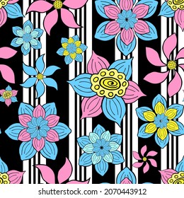 Abstract fantasy flowers and stripes seamless pattern background. Stylized doodle floral motifs endless texture. Ditsy bright editable repeating surface design. Flat boundless botanic ornament