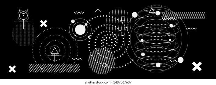 Abstract Fantasy Futuristic Minimal Vector Background with Spheres and Astronomical Bodies. Blackboard with Alchemical Enigmatic Symbols.