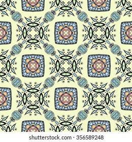 Abstract fantasy graphic background, seamless fabric pattern. Hand drawn floral geometric texture. Tribal ethnic ornament, doodle vector illustration. 
