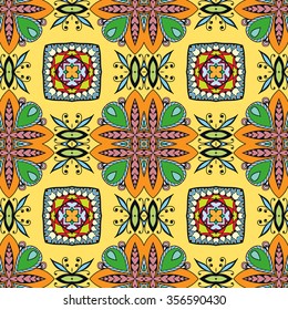 Abstract fantasy graphic background, seamless fabric pattern. Hand drawn floral geometric texture. Tribal ethnic ornament, doodle vector illustration. 