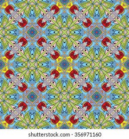 Abstract fantasy graphic background, seamless fabric pattern. Hand drawn floral geometric texture. Tribal ethnic ornament, doodle vector illustration. 